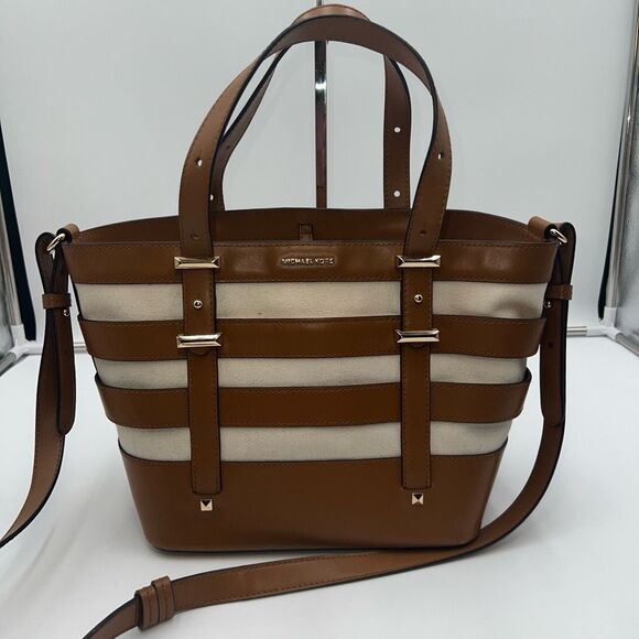 Michael Kors Handbags - Michael Kors Marie Medium Cage Tote Women Hand Bag, With Crossbody strap in Came